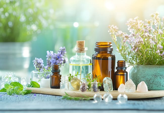 A collection of essential oil bottles, herbal extracts, and fresh flowers on a wooden tray, set in a natural and serene outdoor environment