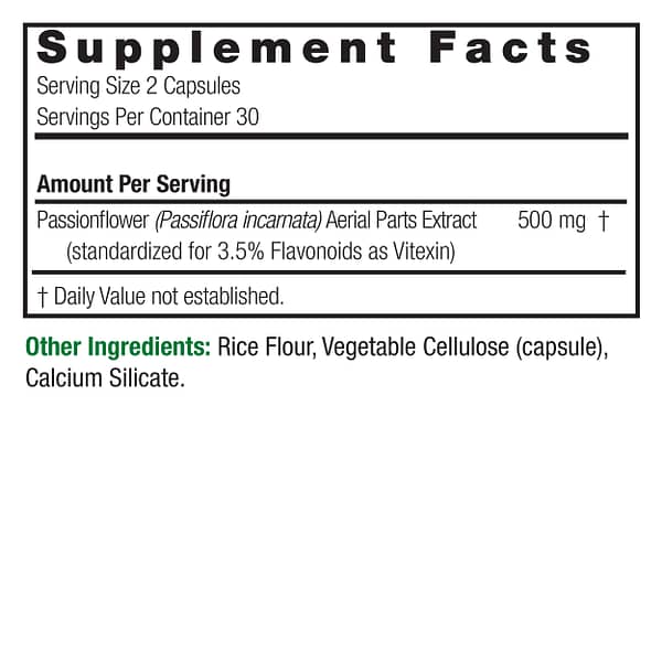 Passionflower Standardized 60 v-caps Supplement Facts Box