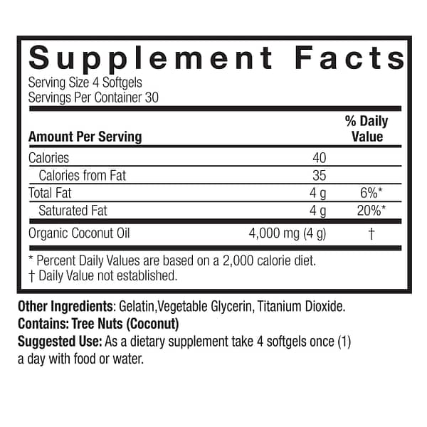 Organic Coconut Oil 1000mg 120ct Supplement Facts Box