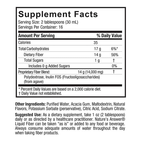 Fiber Liquid 16oz Supplement Facts Box