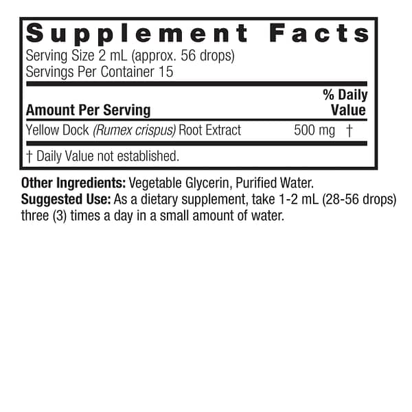 Yellow Dock Root 1oz Alcohol Free Supplement Facts Box
