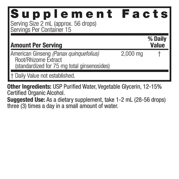 Ginseng Root 1oz Low Alcohol Supplement Facts Box