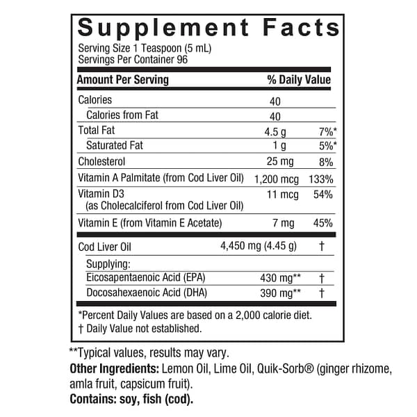 Cod Liver Oil Liquid 16oz. Supplement Facts Box