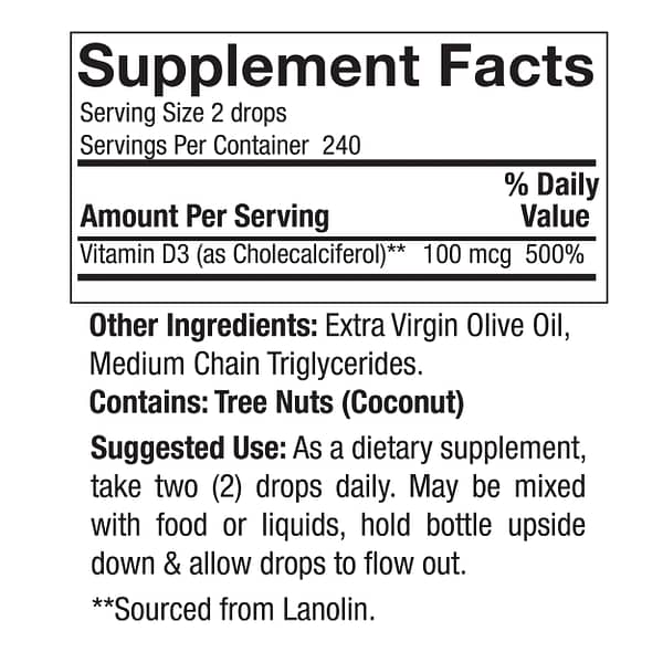 Vitamin D3 Liquid Drops 0.5oz Supplement Facts Box
