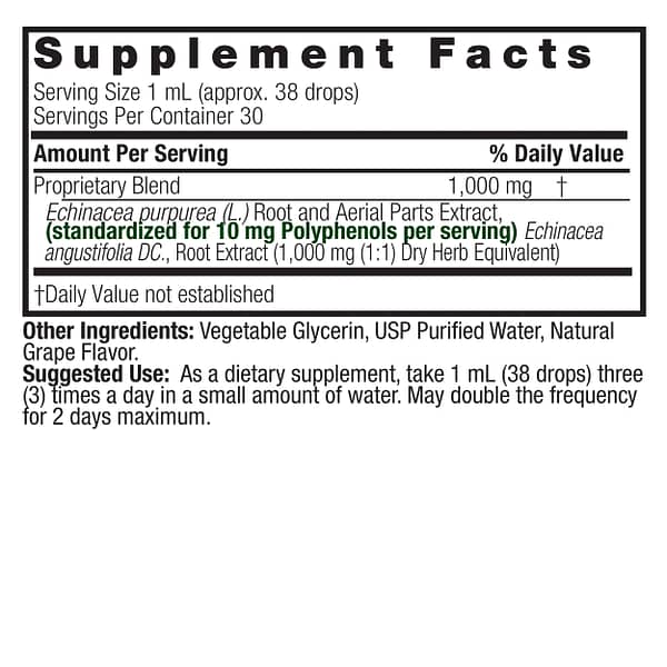 Echinacea-Grape Alcohol Free Extract 1 Ounce Supplement Facts Box