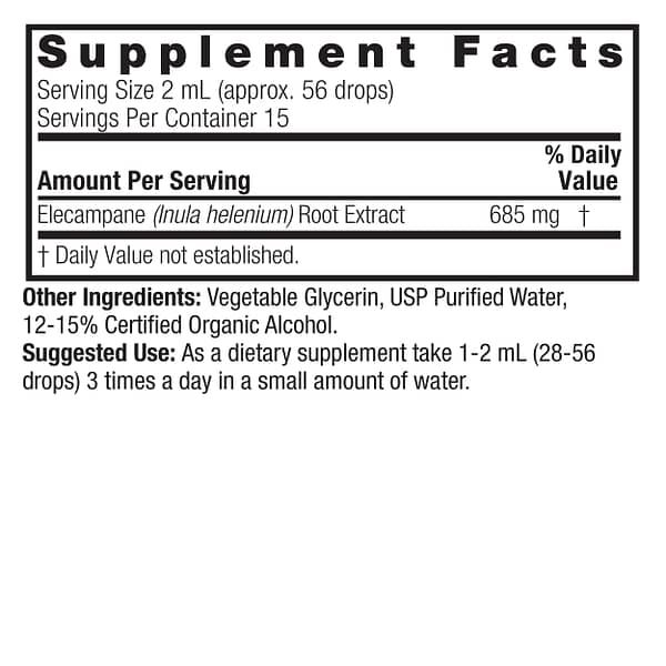 Elecampane Root 1oz Low Alcohol Supplement Facts Box