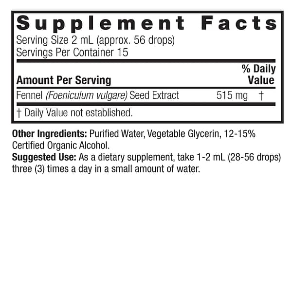 Fennel Seed 1oz Low Alcohol Supplement Facts Box