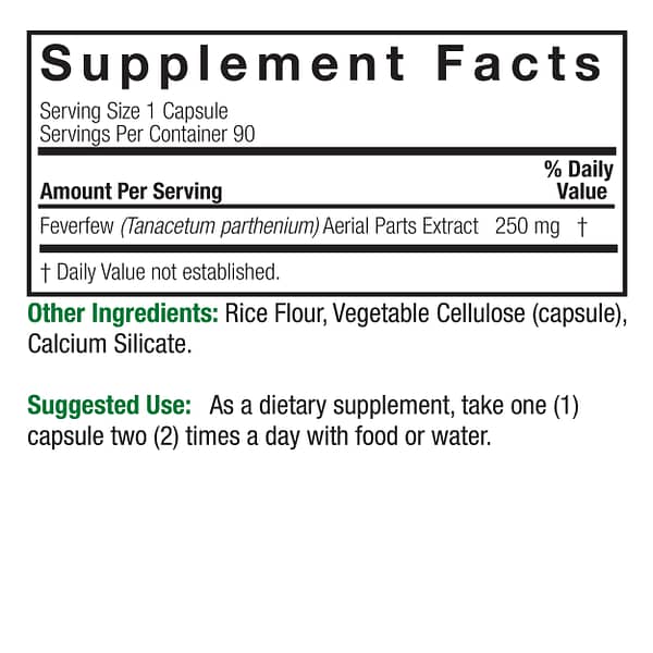 Feverfew Standardized 90 v-caps Supplements Facts Box