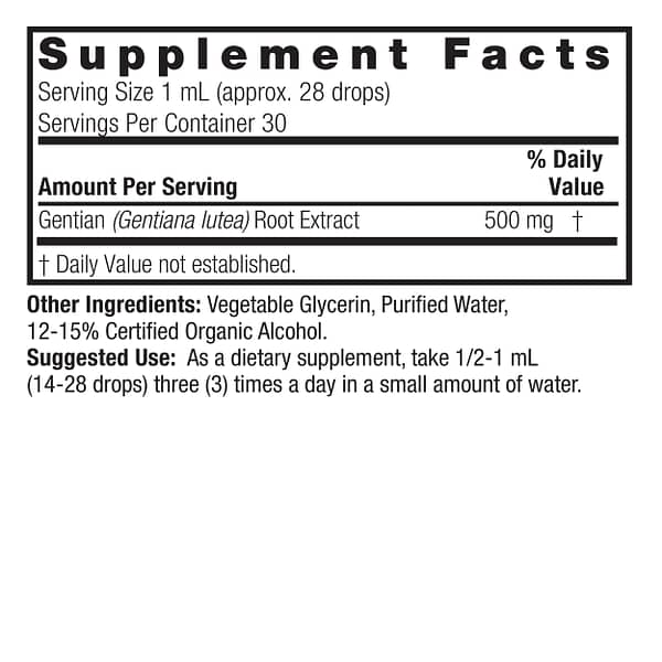 Gentian Root 1oz Low Alcohol Supplement Facts Box