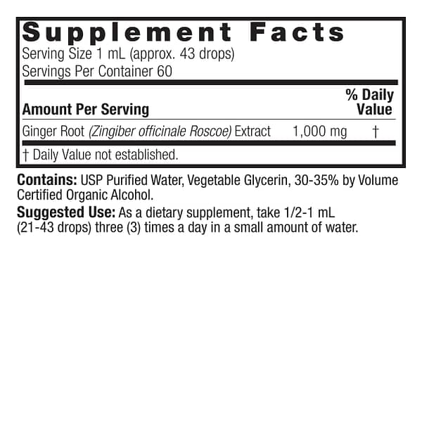 Ginger Root 2oz Low Alcohol Supplement Facts Box