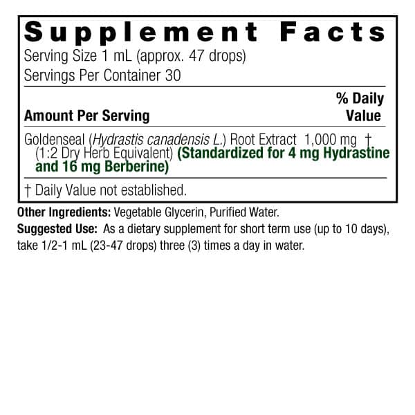 Goldenseal Root 1oz Alcohol Free Supplement Facts Box