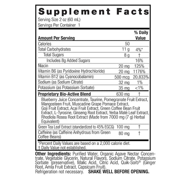 Green Tea Energy Shot 2oz - 12 Pack Supplement Facts Box
