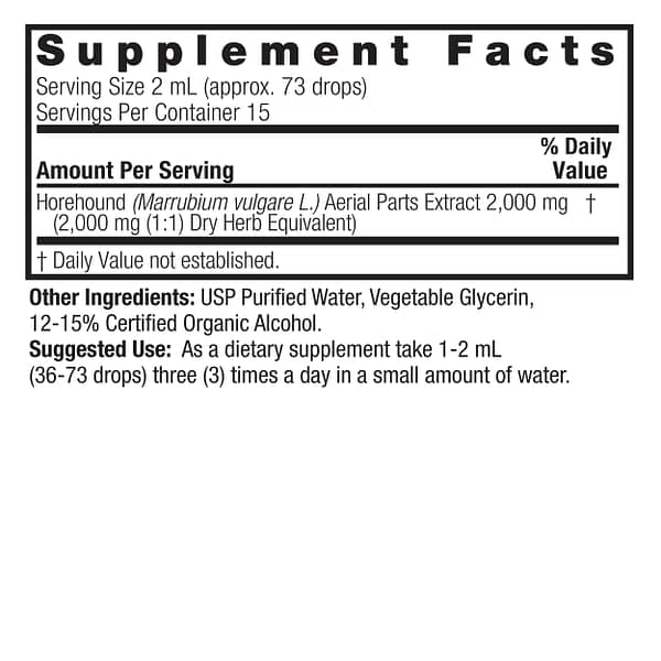 Horehound 1oz Low Alcohol Supplement Facts Box
