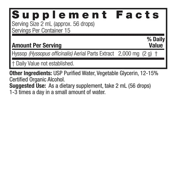 Hyssop Herb 1oz Low Alcohol Supplement Facts Box