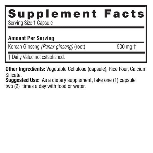 Korean Ginseng 50 v-caps Supplement Facts Box