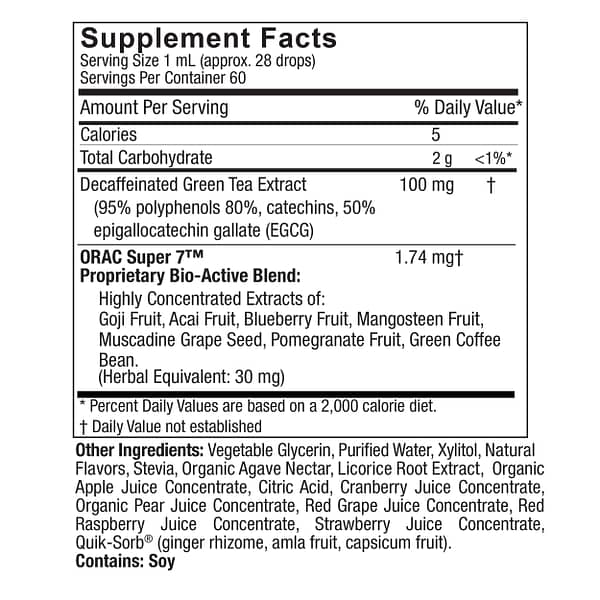 Green Tea with Orac Super 7 Berry Flavor Liquid 2oz Supplement Facts Box