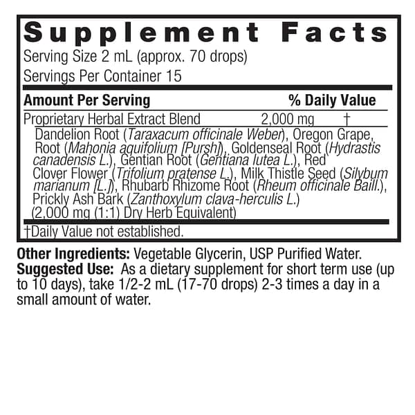 Liver Support 1oz Alcohol Free Supplement Facts Box