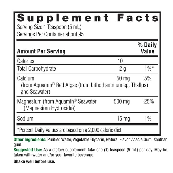 Marine Based Magnesium 500mg Liquid 16oz Supplement Facts Box
