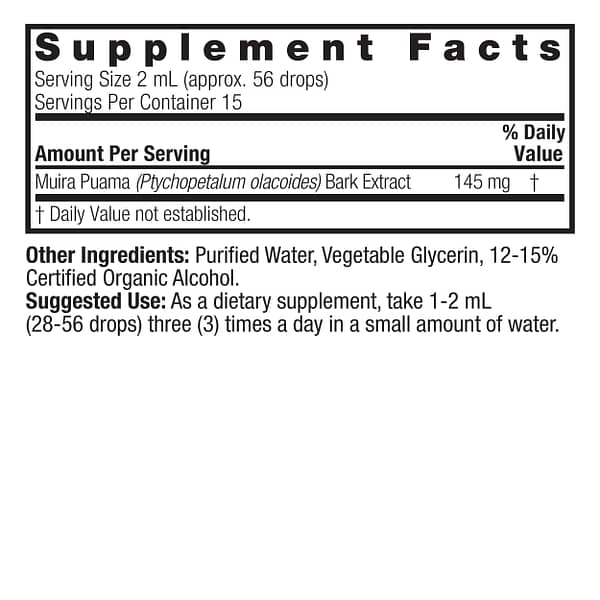 Muira Puama Root 1oz Low Alcohol Supplement Facts Box