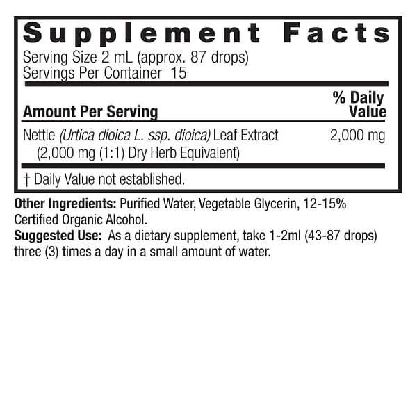 Nettle Leaf 1oz Low Alcohol Supplements Facts Box