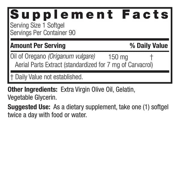 Oil of Oregano 90 Softgels Supplement Facts Box