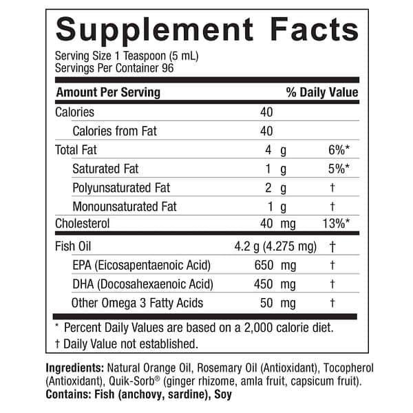 Omega 3 EPA/DHA Liquid 16oz Supplement Facts Box