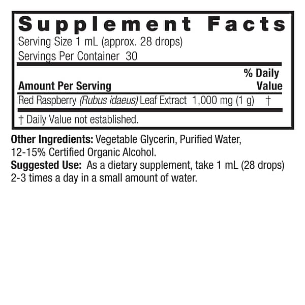 Raspberry Leaf 1oz Low Alcohol Supplements Facts Box