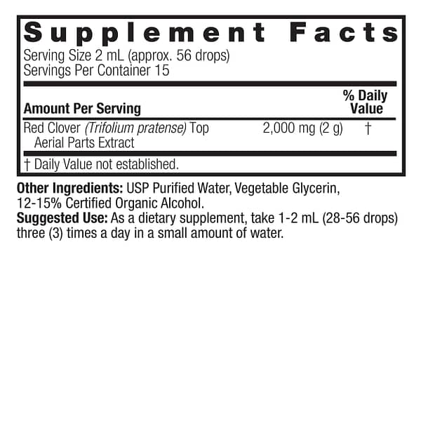 Red Clover Tops 1oz Low Alcohol Supplements Facts Box