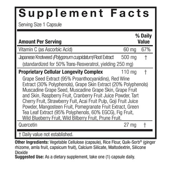 Resveratrol 250mg 60 v-caps Supplement Facts Box