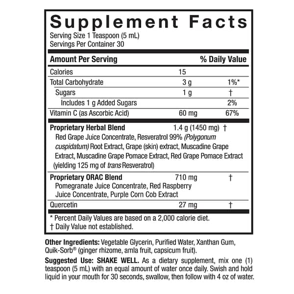 Resveratrol Reserve Liquid 5oz Supplement Facts Box