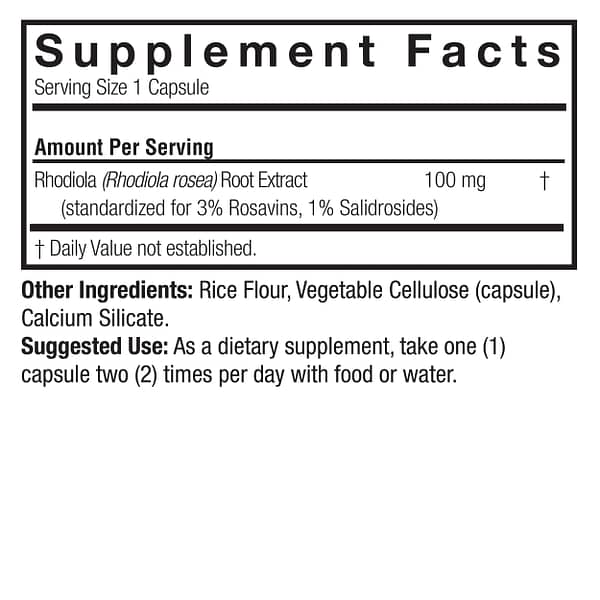 Rhodiola Root Standardized 60 v-caps Supplement Facts Box