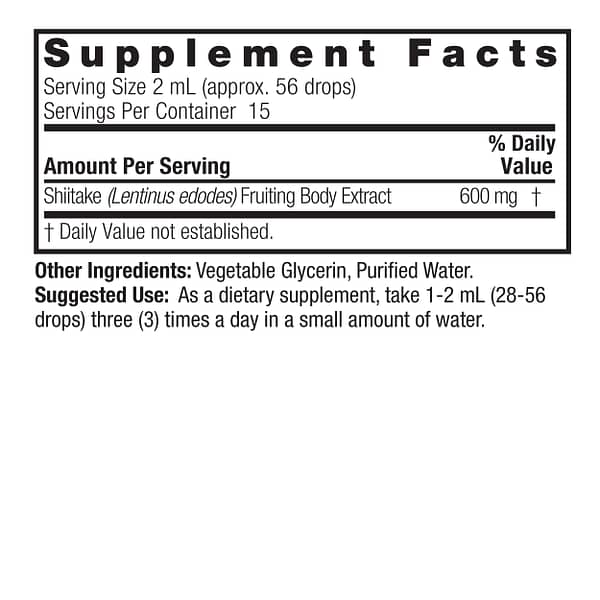 Shiitake 1oz Alcohol Free Supplement Facts Box