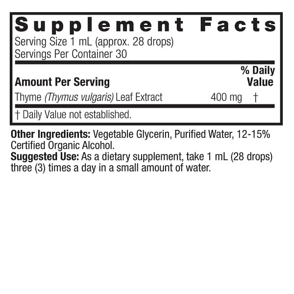 Thyme 1oz Low Alcohol Supplement Facts Box