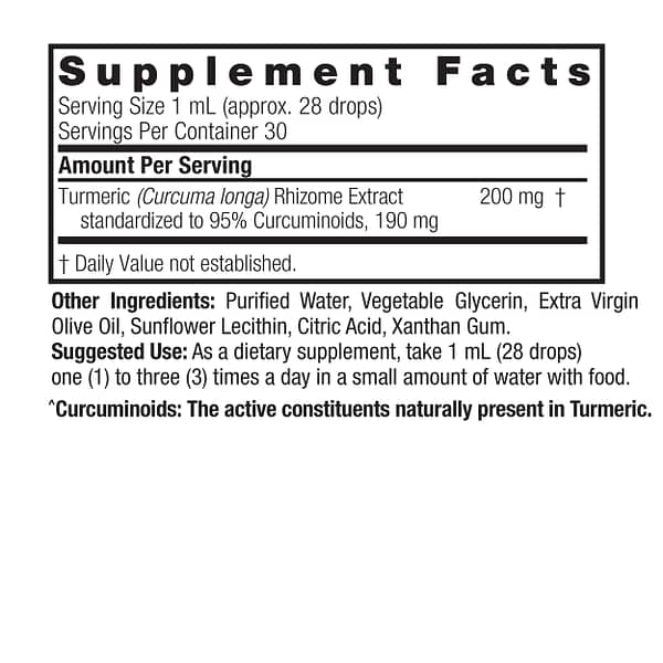 Turmeric-3 1oz Alcohol Free Supplement Facts Box