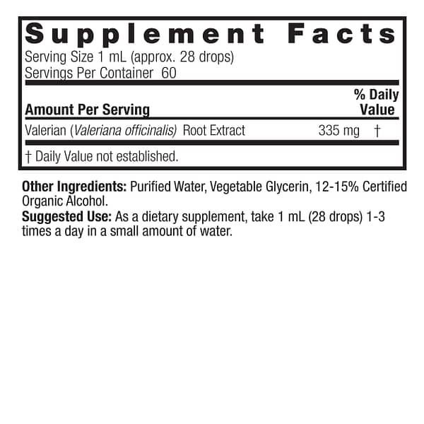 Valerian Root 2oz Low Alcohol Supplement Facts Box