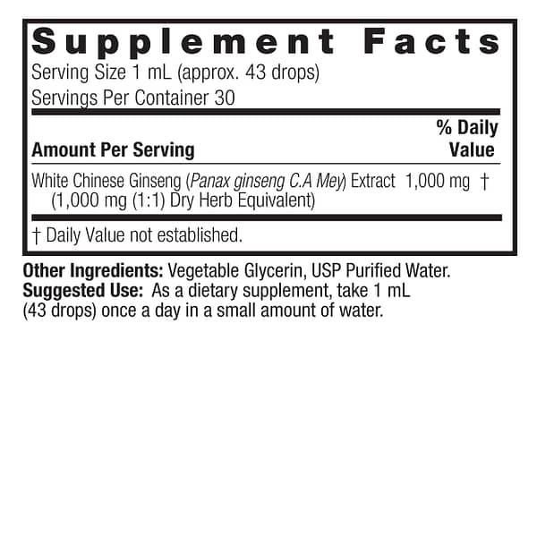 White Ginseng 1oz Alcohol Free Supplement Facts Box