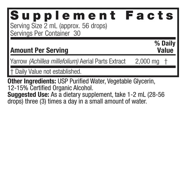 Yarrow Flowers 2oz Low Alcohol Supplement Facts Box