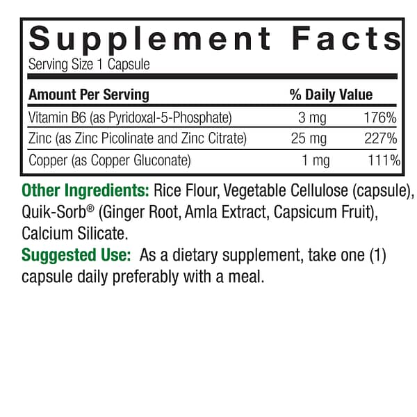 Zinc Plus 60 v-caps Supplement Facts Box