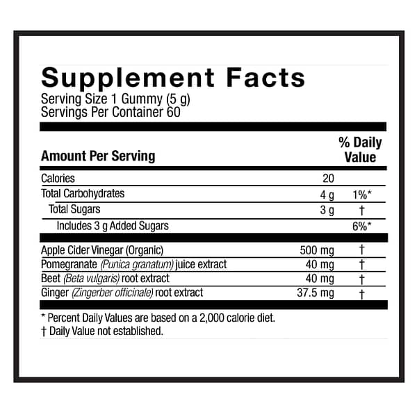 Genceutic Naturals – Apple Cider Vinegar with Ginger Gummies Supplement Facts Box
