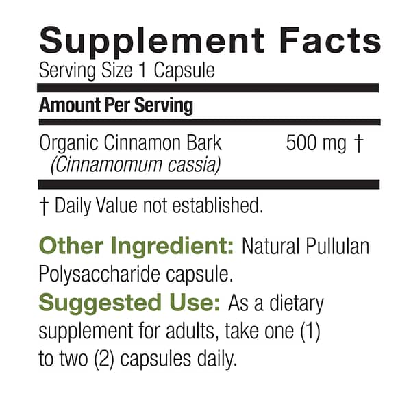 Certified Organic Cinnamon 60 Capsules Supplement Facts Box