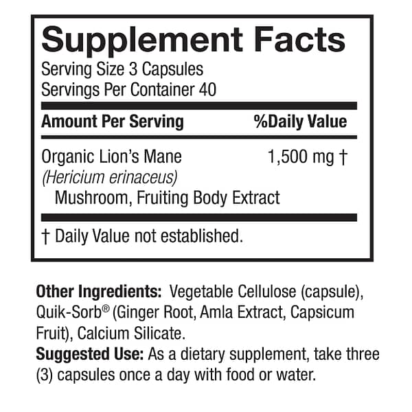 Lion's Mane - 120 Count Organic Capsules Genceutic Lions Mane Supplement Facts Box