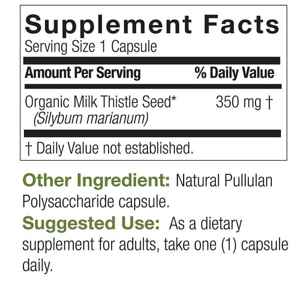 Certified Organic Milk Thistle 60 Capsules Supplement Facts Box