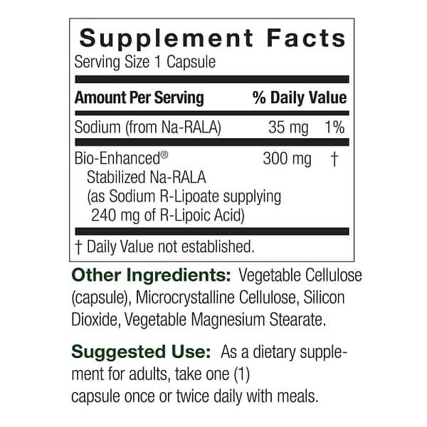 Bio-Enhanced Natural R-Lipoic Acid Supplement Facts Box