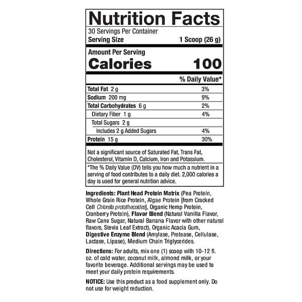 Plant Head Protein Banana 1.7 lbs (780g) Supplement Facts Box