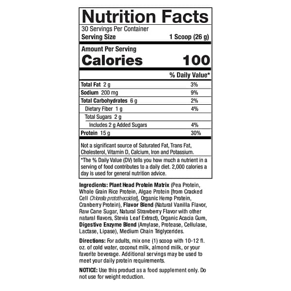 Plant Head Protein Strawberry 1.7 lbs (780g) Supplement Facts Box