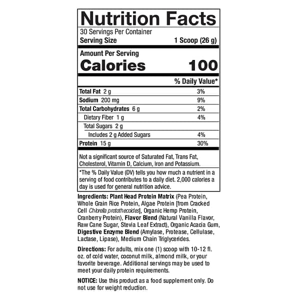 Plant Head Protein Vanilla 1.7 lbs (780g) Supplement Facts Box