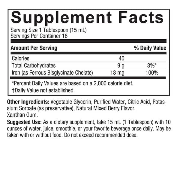Gentle Iron Liquid 8 Ounce Supplement Facts Box